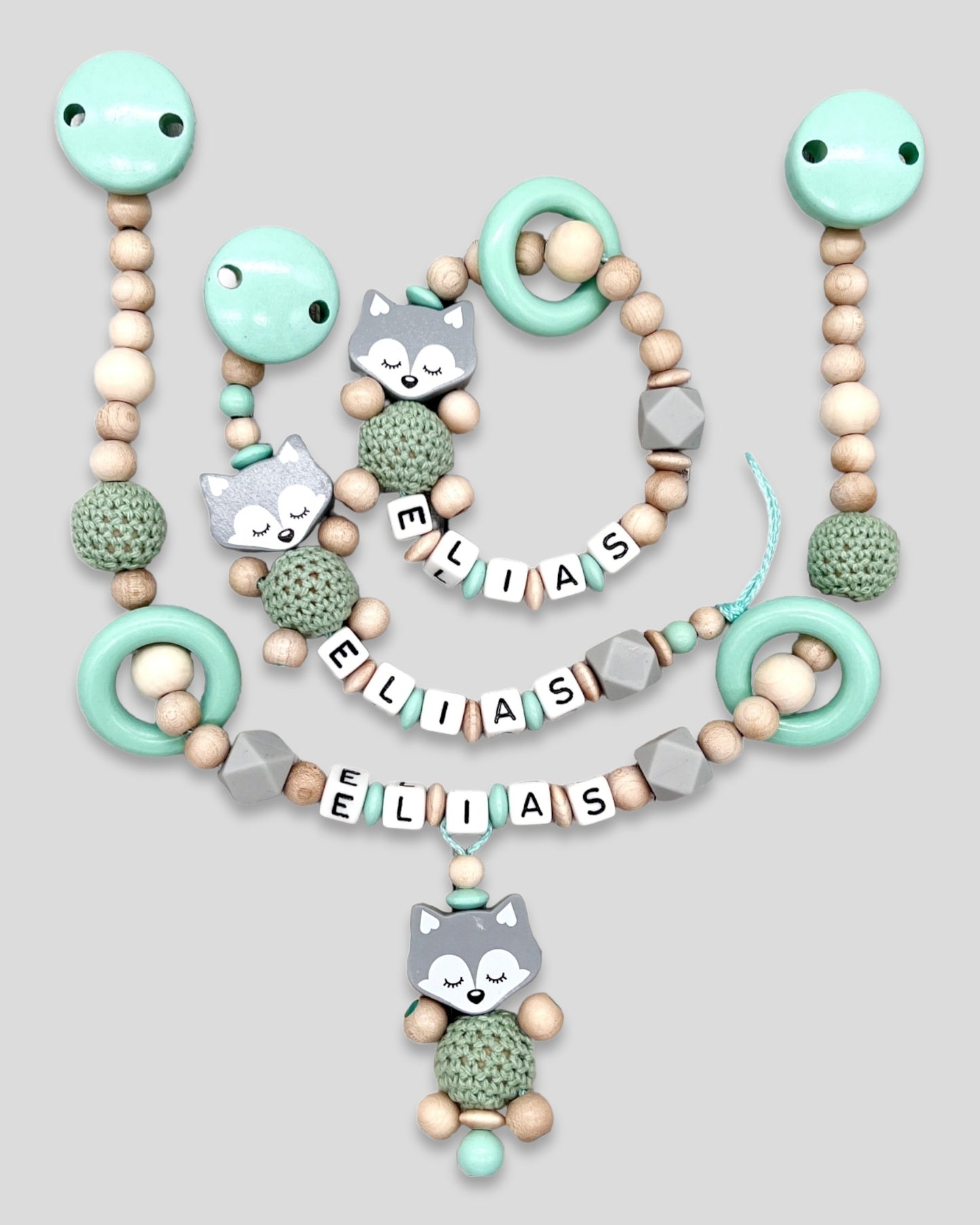 Set 3 teilig Schnullerkette Greifring Kinderwagenkette mit Namen Fuchs Natur Mint Grau