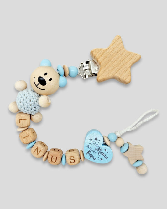 Schnullerkette mit Namen Teddybär Baby Blau Natur "Ein bisschen Mama, ein bisschen Papa und ganz viel Wunder "