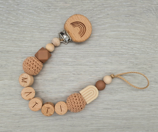 Schnullerkette mit Namen Personalisiert   Natur Regenbogen Holz Silikon Mädchen Geschenk zur Geburt Babyparty
