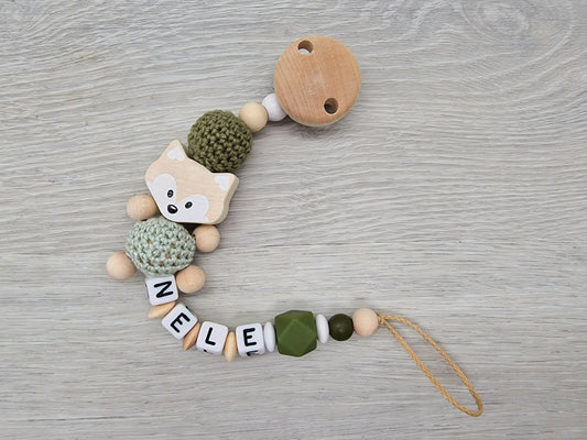 Schnullerkette mit Namen Fuchs Naturtöne Geschenk zur Geburt Junge Mädchen