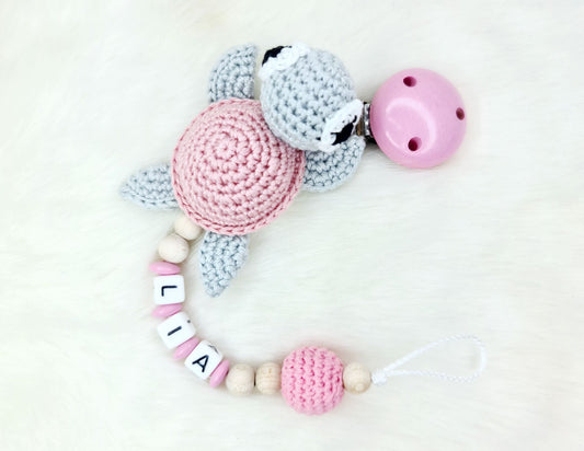 Schnullerkette mit Namen Häkeltier Schildkröte Baby Rosa hell Grau