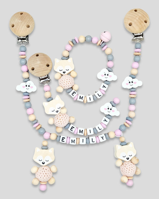 Set 3-teilig Fuchs Kinderwagenkette Schnullerkette Greifling mit Namen Wolke |kreativcathi
