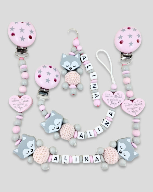 Set 3 teilig Schnullerkette Kinderwagenkette Schlüsselanhänger Fuchs Rosa Grau Sterne