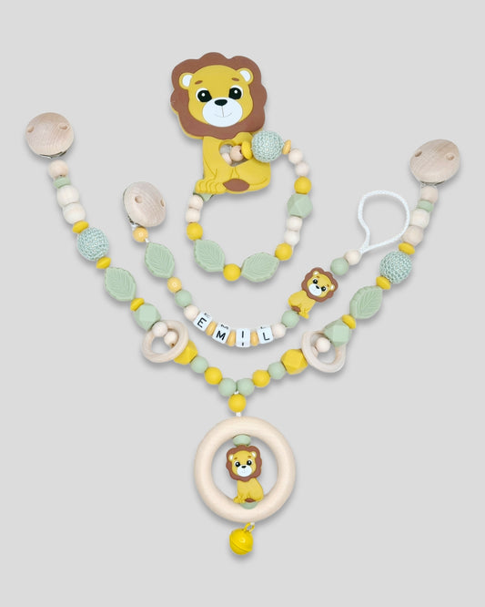 Set 3-teilig Silikon Löwe Kinderwagenkette Schnullerkette Greifling