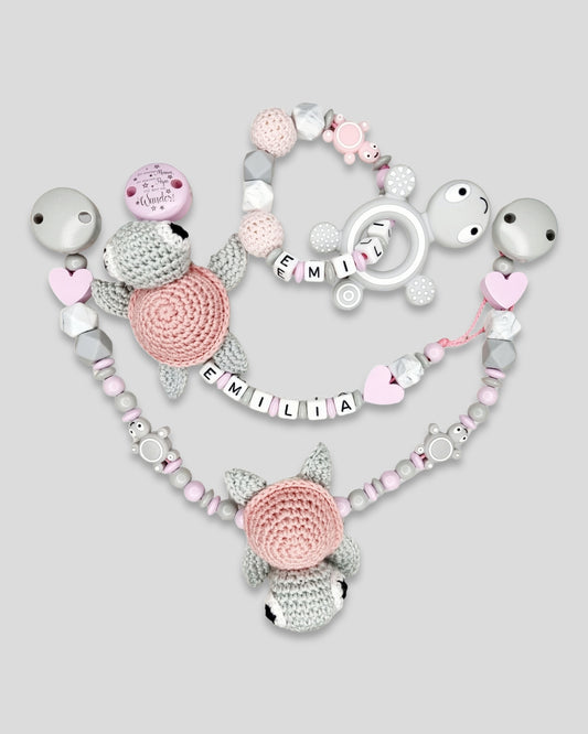 Set 3-teilig Schnullerkette Kinderwagenkette Greifling Rosa hell grau Häkeltier Schildkröte
