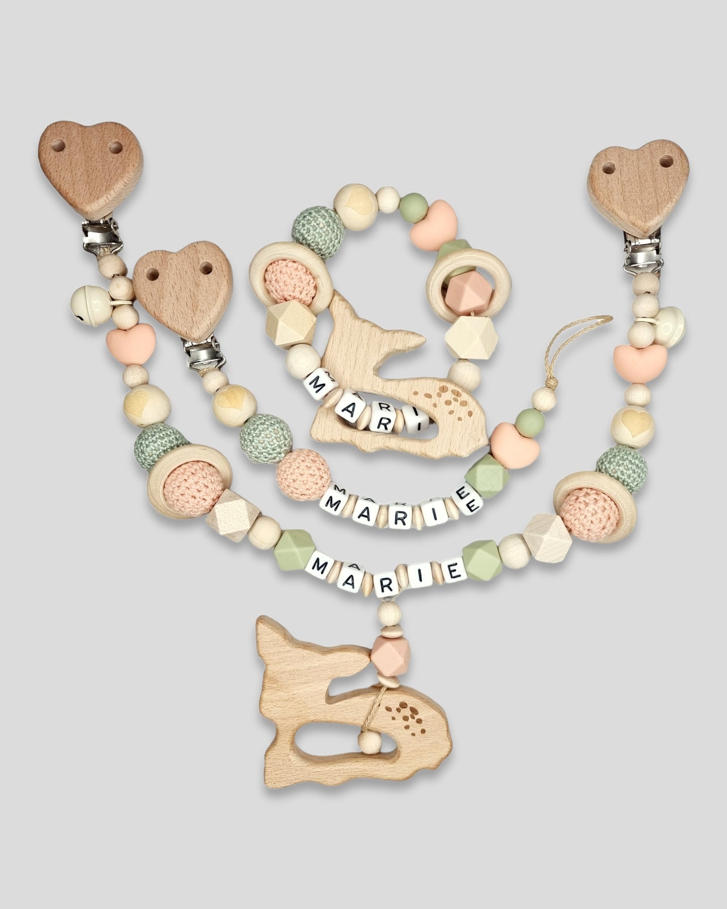 Set 3-teilig Reh Herz Holz Silikon Kinderwagenkette Schnullerkette Greifling
