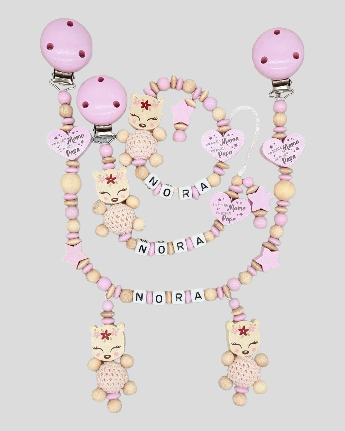 Set 3-teilige Reh Kinderwagenkette Schnullerkette Greifling mit Namen