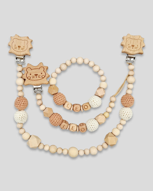 Set 3-teilig Löwe Kinderwagenkette Schnullerkette Greifling Naturtöne
