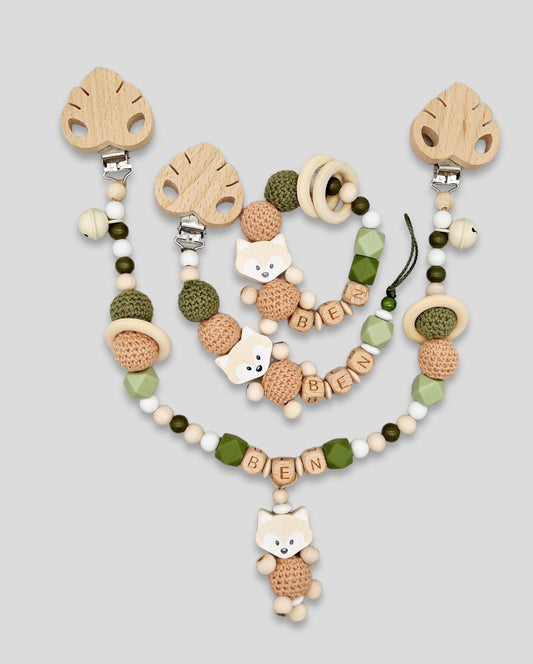 Set 3 teilig Schnullerkette Greifring Kinderwagenkette Fuchs mit Namen