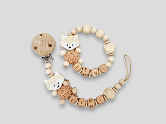 Set 2 teilig Fuchs Schnullerkette Greifring mit Namen Natur