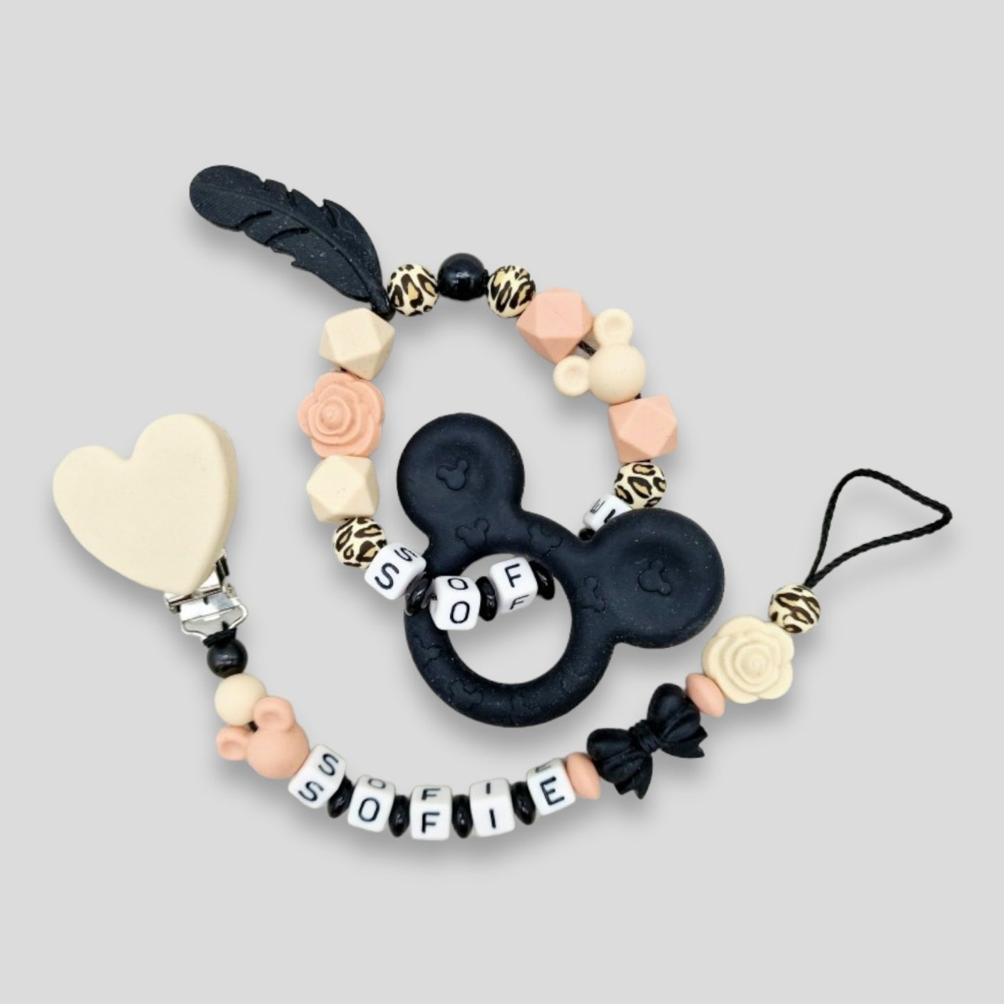 Set 2 teilig Maus Schnullerkette Greifring Peach Schwarz Leo |kreativcathi