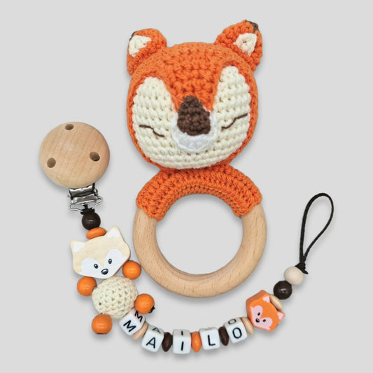 Set 2-teilige Fuchs Babyrassel Greifling Schnullerkette