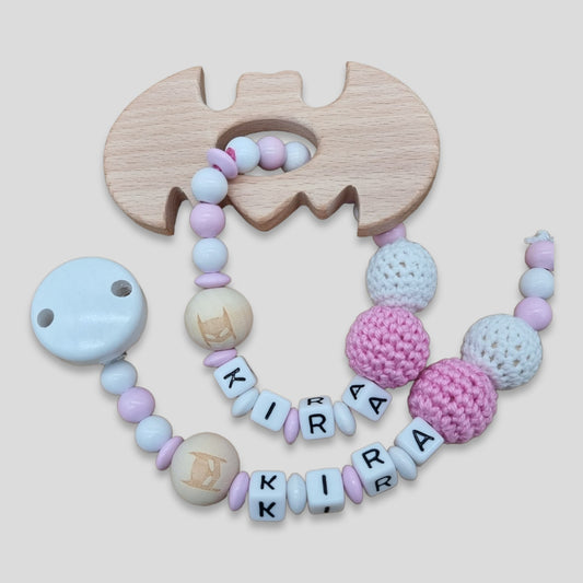 Set 2-teilig Fledermaus Schnullerkette Greifling mit Namen