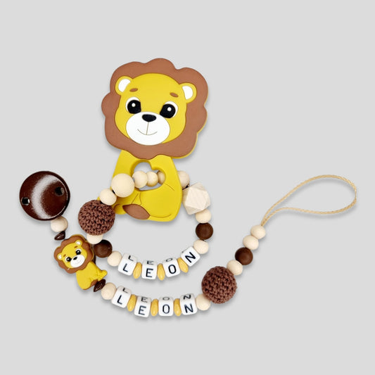 Set 2-teilig  Löwe Schnullerkette Greifling mit Namen