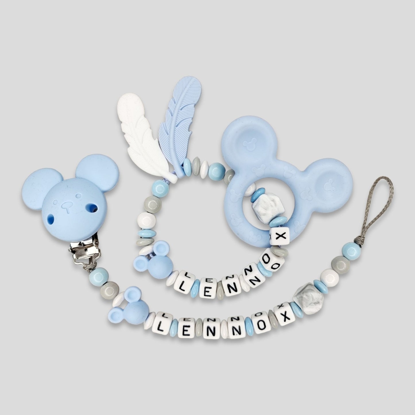 Maus 2-er Set Schnullerkette Greifling Silikon Holz Baby Blau |kreativcathi