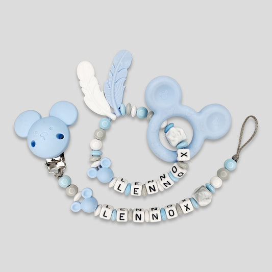 Maus 2-er Set Schnullerkette Greifling Silikon Holz Baby Blau |kreativcathi