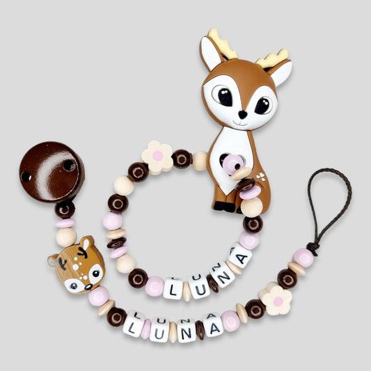 Set 2-teilig Silikon Reh Schnullerkette Greifling mit Namen