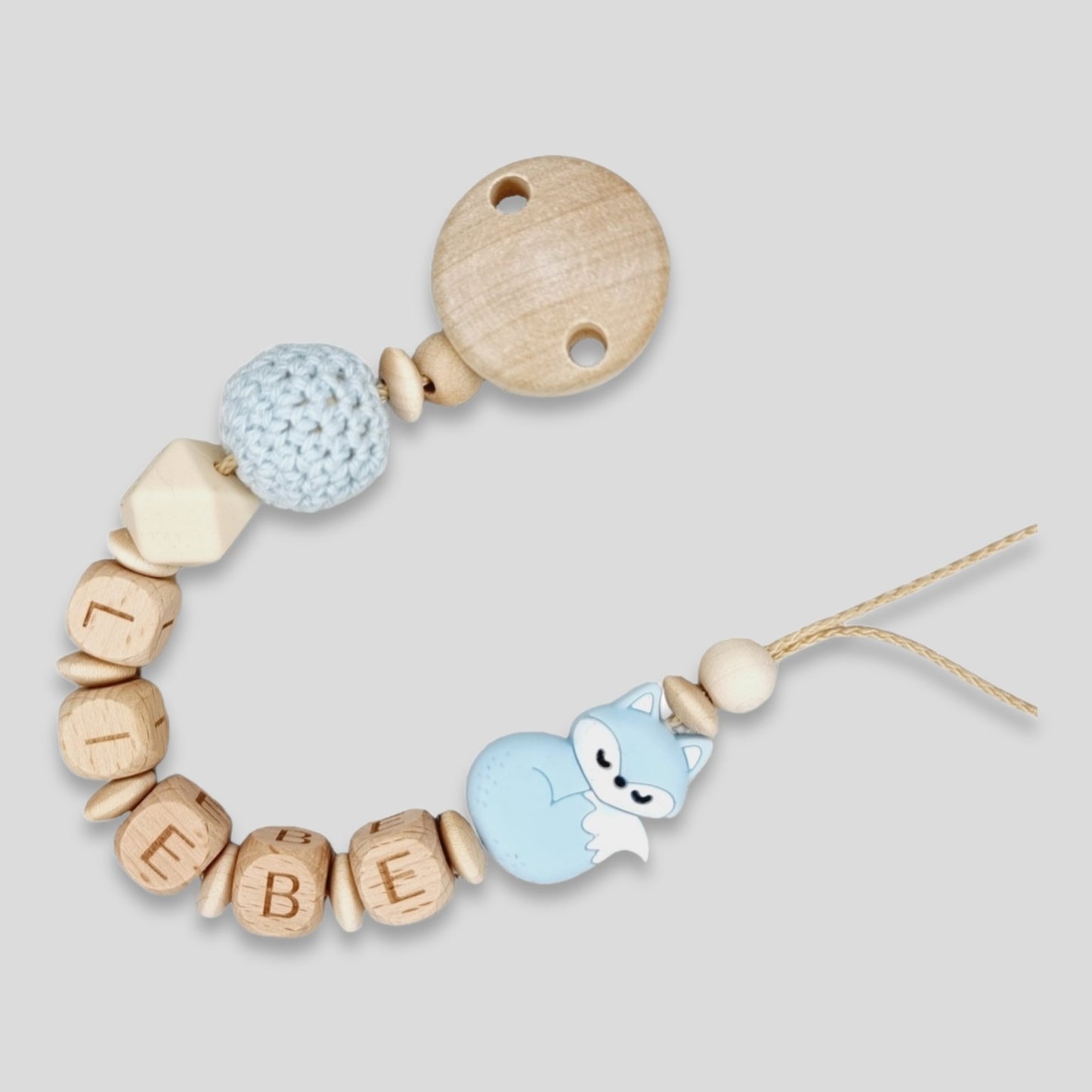 Schnullerkette mit Namen Silikon Fuchs Natur Baby Blau