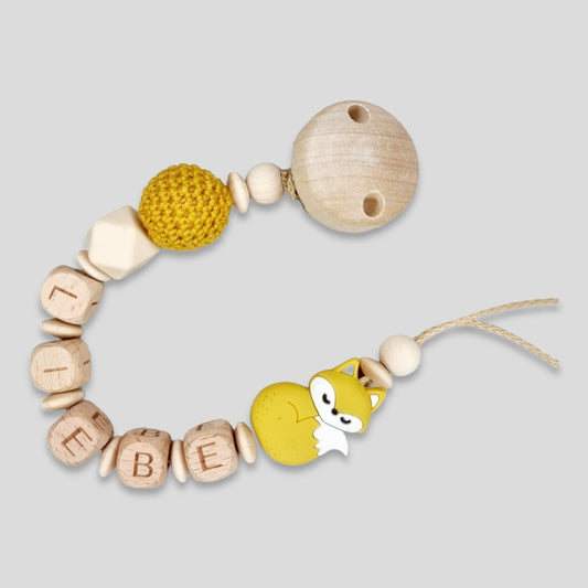 Schnullerkette mit Namen Silikon Fuchs Natur Senfgelb Geschenk zur Geburt
