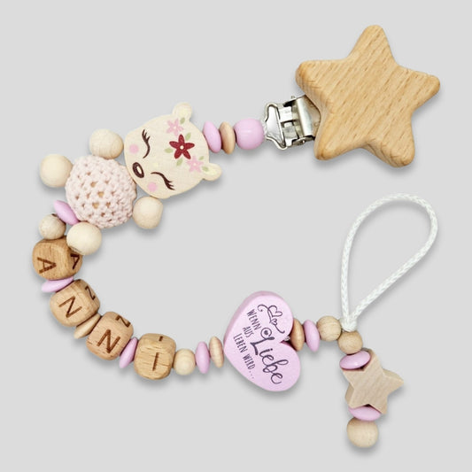 Schnullerkette mit Namen Reh  Wenn aus Liebe Leben wird ... bekommt das Glück einen Namen