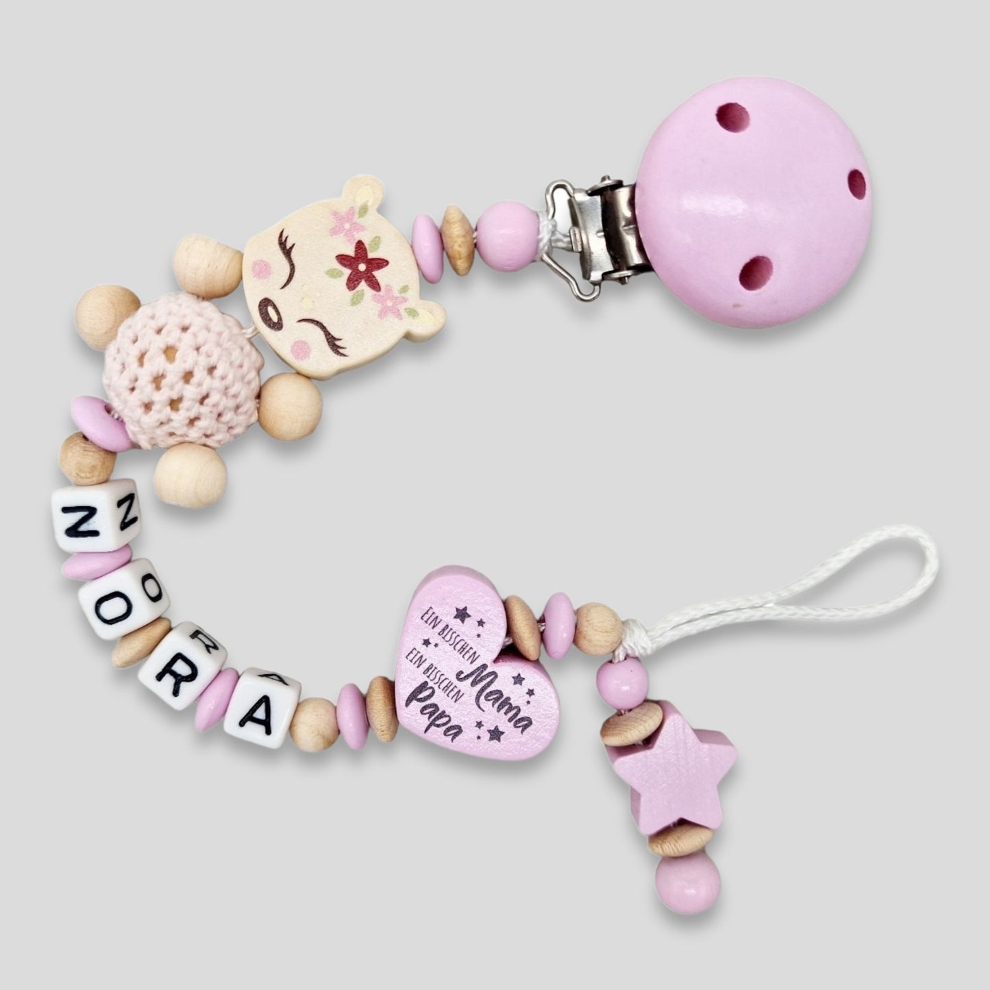 Schnullerkeette mit Namen Reh  Rosa Natur  "Ein bisschen Mama, ein bisschen Papa und ganz viel Wunder "