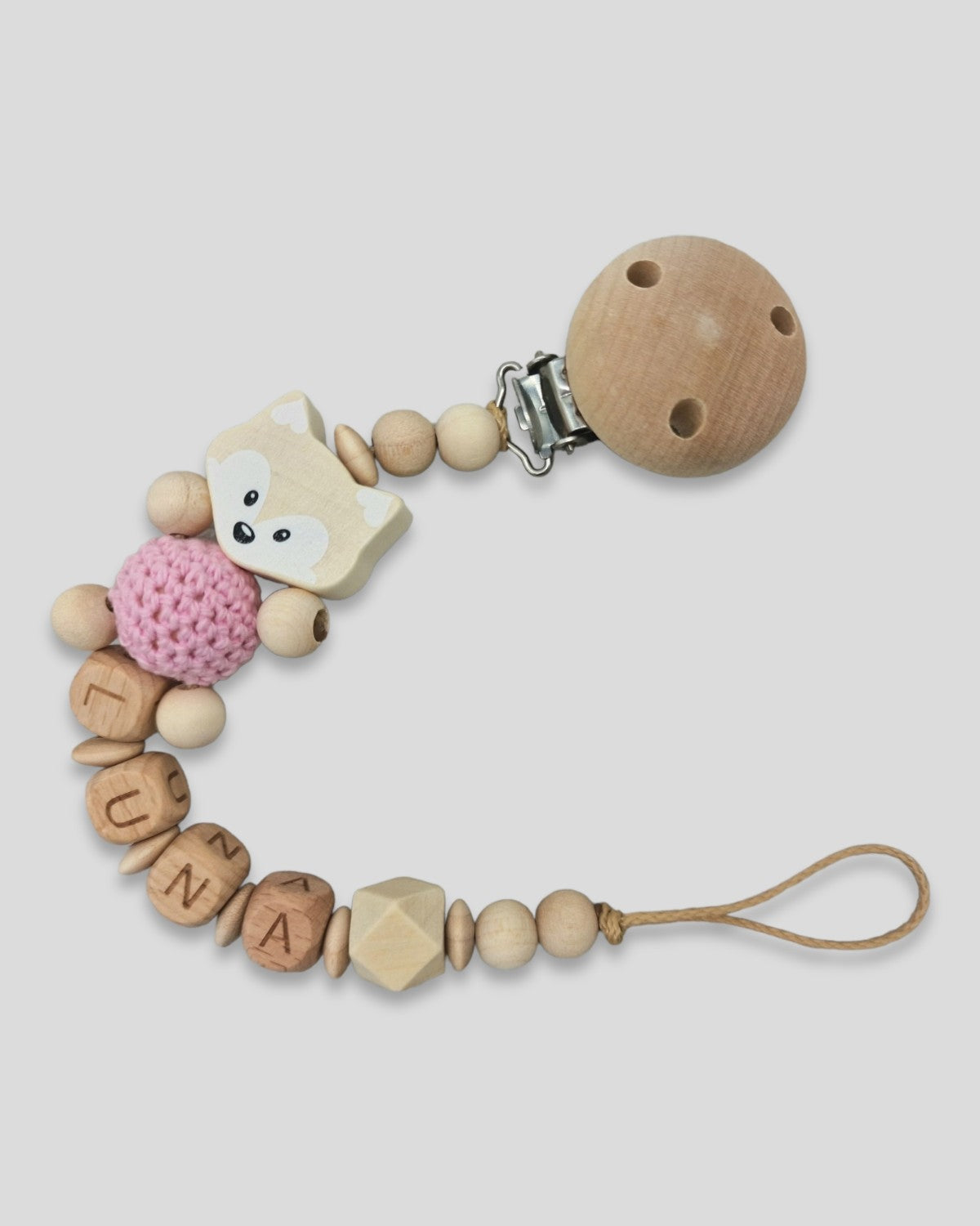 Fuchs Schnullerkette mit Namen Natur Baby Rosa |kreativcathi.de
