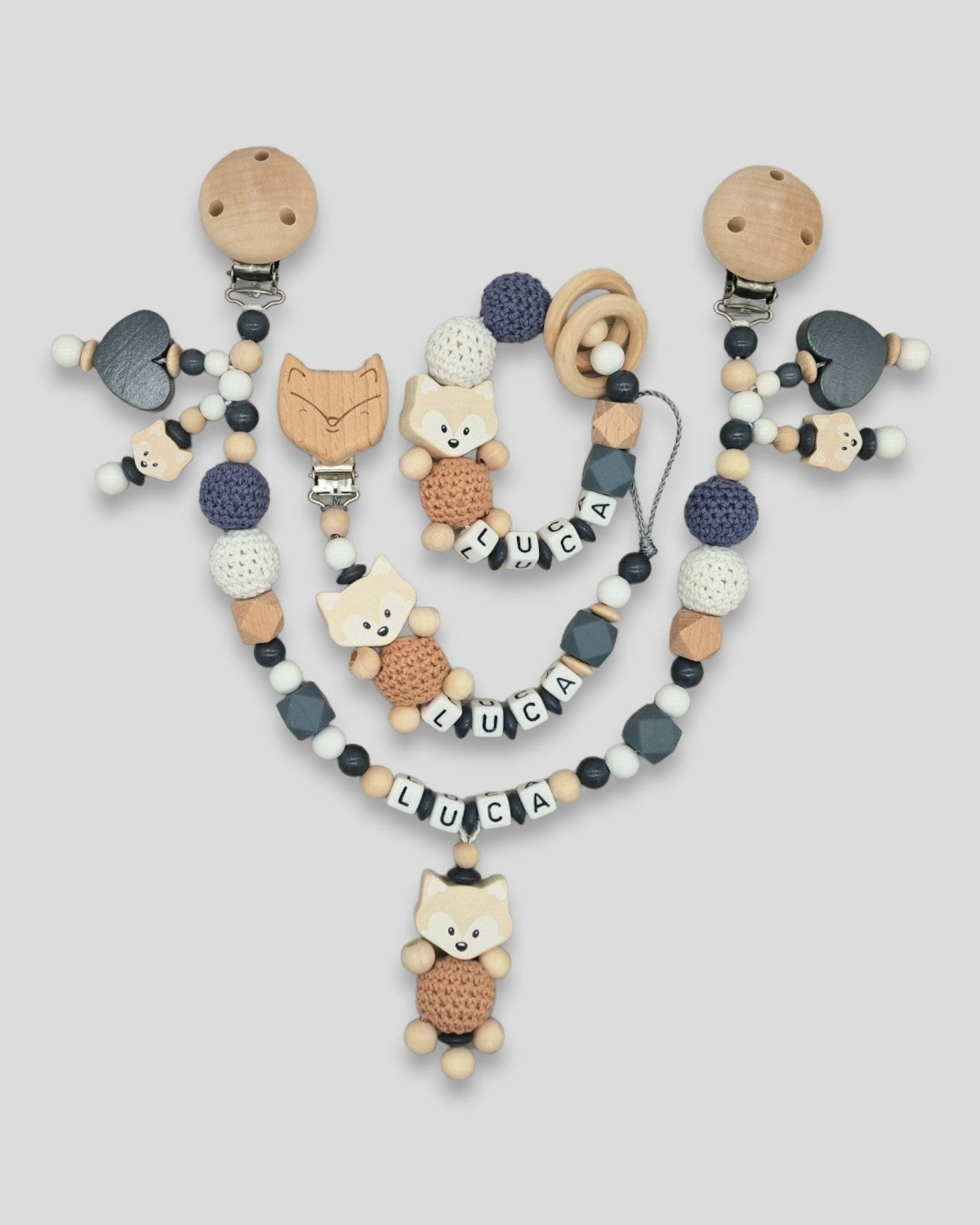 Set 3-teilig Fuchs Kinderwagenkette Schnullerkette Greifling |kreativcathi