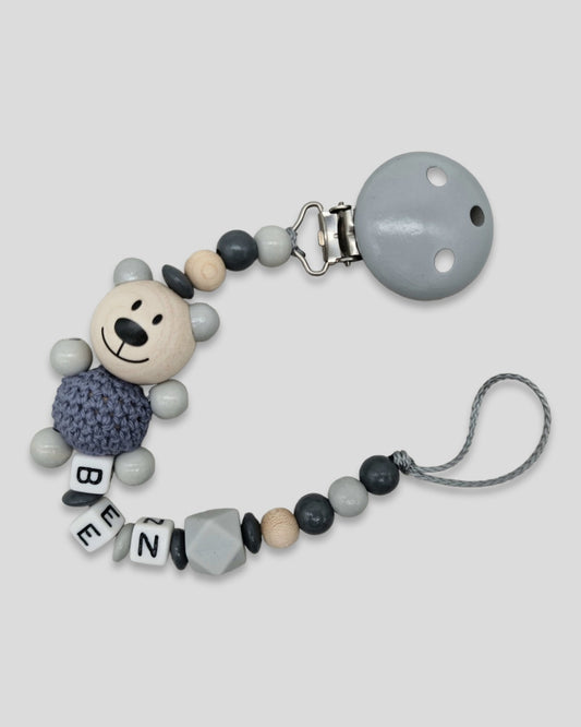 Teddybaer Schnullerkette mit Namen Grau Natur |kreativcathi