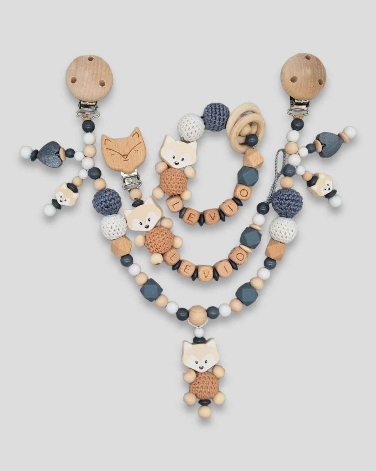 Set 3-teilig Fuchs Kinderwagenkette ohne Namen Schnullerkette mit Namen Greifling mit Namen