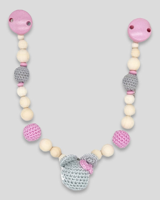 Kinderwagenkette ohne Namen gehäkelter Mauskopf Natur Baby Rosa hell Grau Geschenk zur Geburt|kreativcathi
