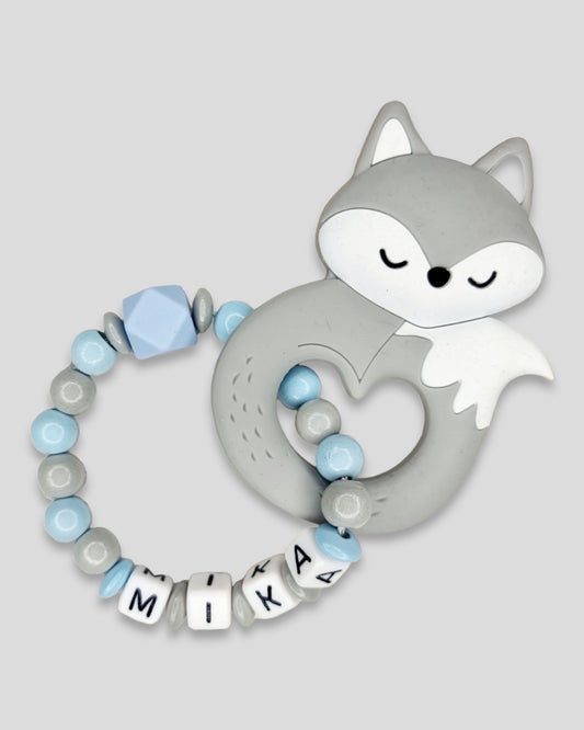 Silikon Fuchs Greifling mit Namen Baby Blau hell Grau |kreativcathi.de