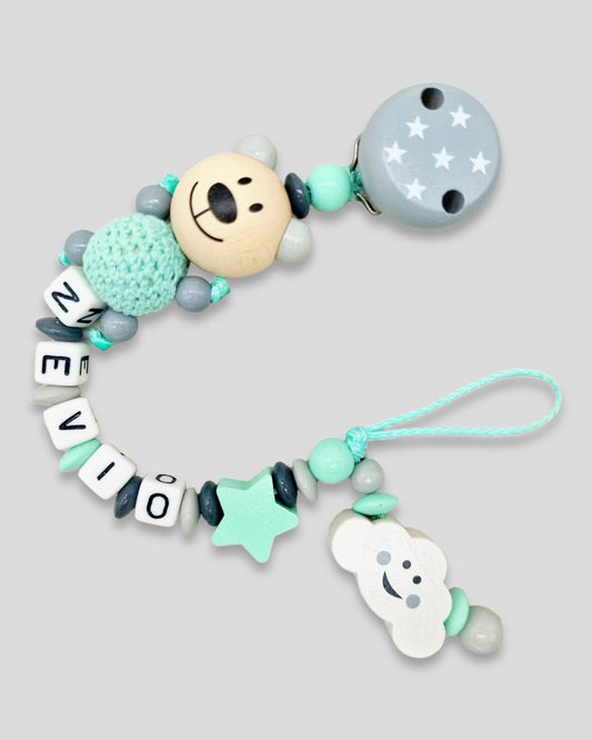 Schnullerkette mit Namen Teddybär Wolke Stern Mint hell grau dunkel grau
