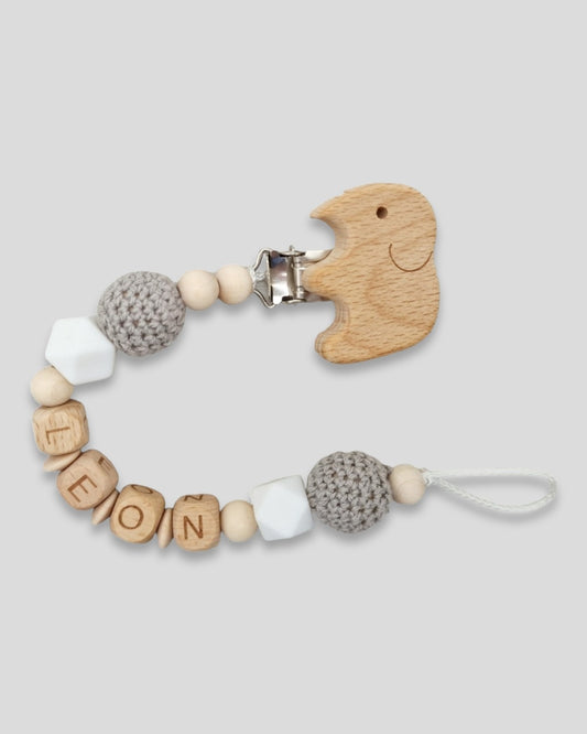 Schnullerkette mit Namen  Löwe hell Grau weiß