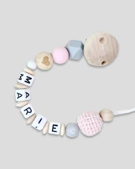 Herz Schnullerkette mit Namen Natur Rosa hell Grau Geschenk zur Geburt |kreativcathi