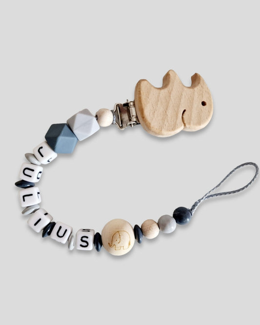 Schnullerkette mit Namen Elefant hell Grau dunkel Grau