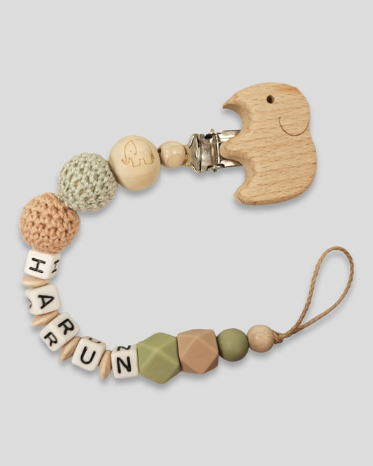 Schnullerkette mit Namen Elefant Natur Lint Geschenk zur Geburt