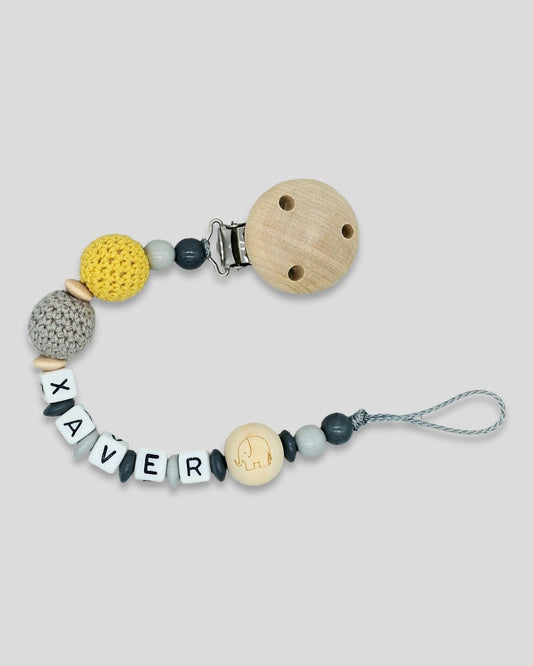 Schnullerkette mit Namen Elefant Natur hell Grau dunkel Grau Senfgelb