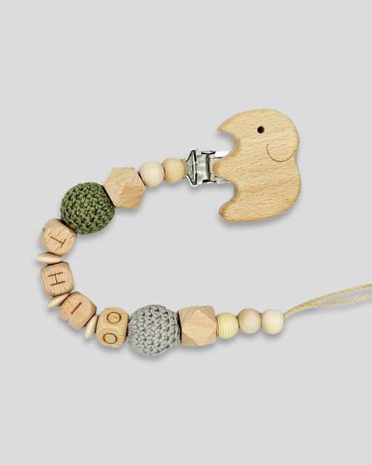 Schnullerkette mit Namen Elefant Natur Khaki hell grau Mädchen Junge