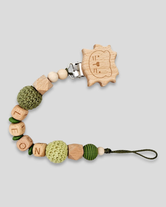 Schnullerkette mit Namen Löwe Natur Lint Khaki
