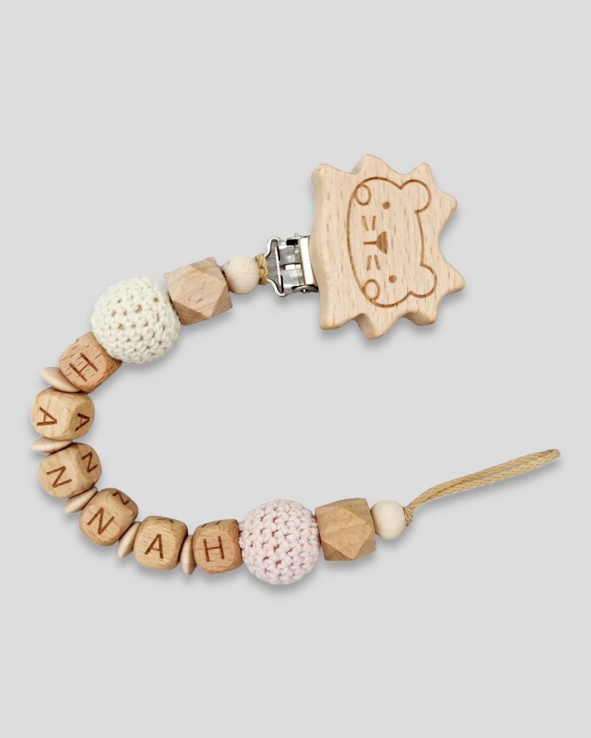 Schnullerkette mit Namen Löwe Rosa Natur Mädchen