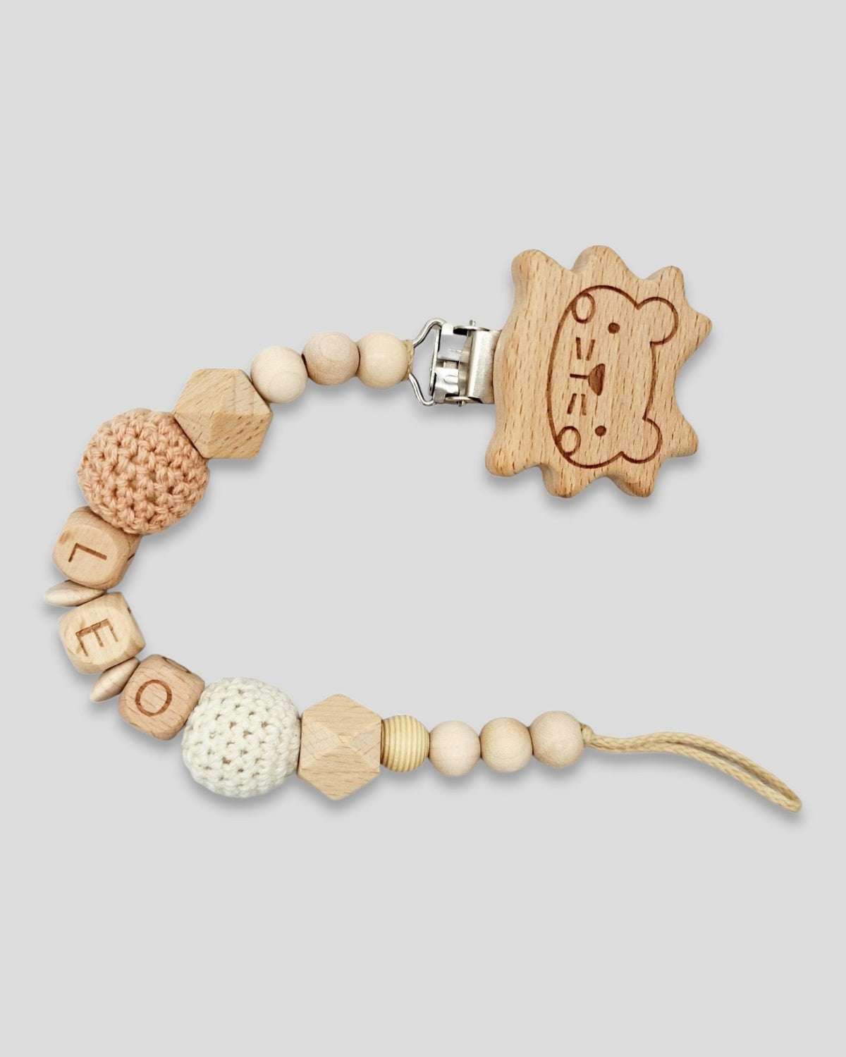 Schnullerkette mit Namen Natur Löwenclip