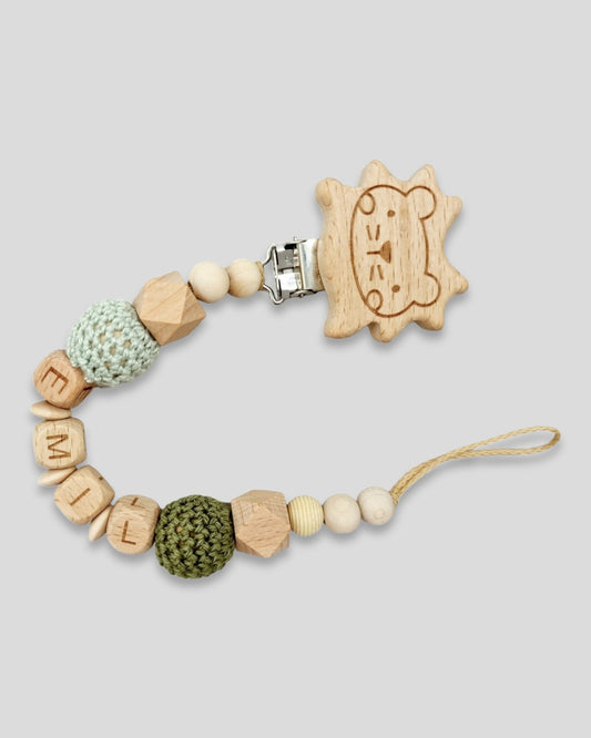 Schnullerkette mit Namen Löwe Natur Lint Khaki Geschenk zur Geburt