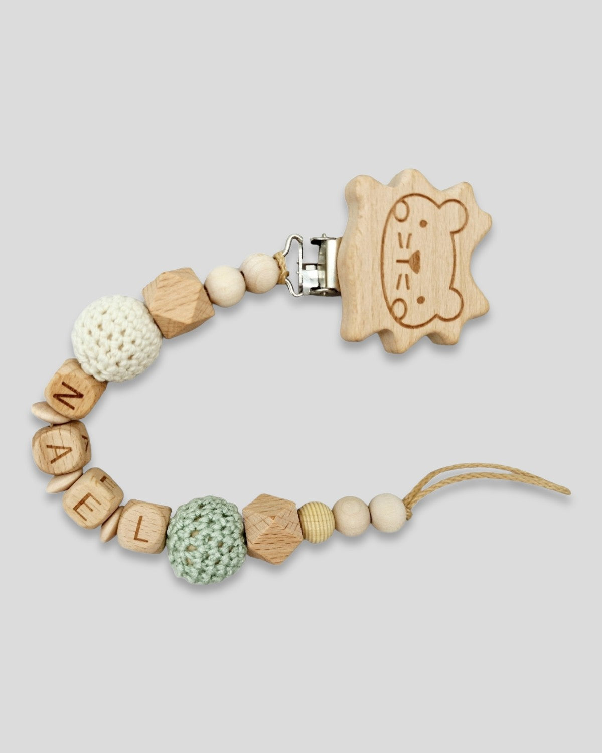 Schnullerkette mit Namen Löwe Mint Natur Geschenk zur Geburt Junge Mädchen