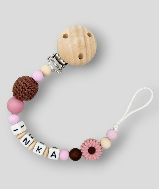 Schnullerkette mit Namen Silikon Blume Blush Rosa Natur