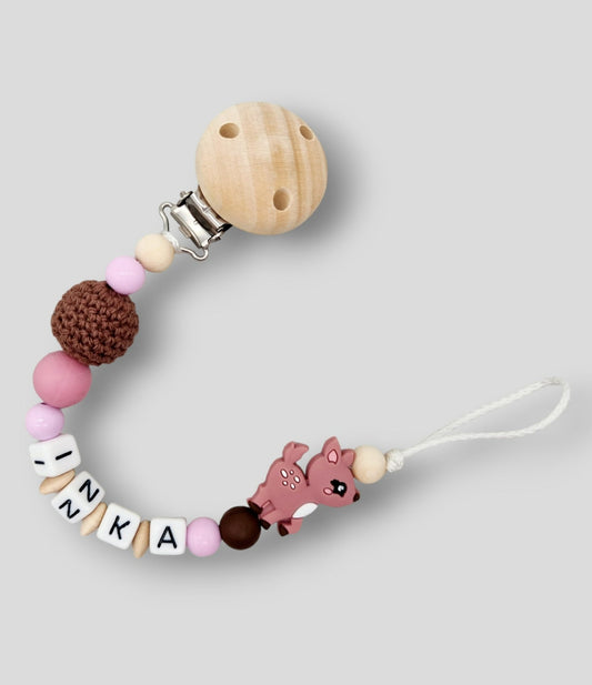 Schnullerkette mit Namen Silikon Reh Blush Rosa Natur