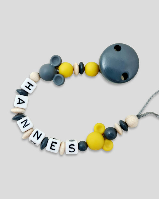 Schnullerkette mit Namen Silikon Mauskopf Senfgelb dunkel Grau Natur