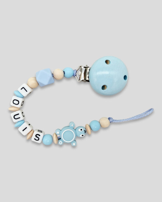 Schnullerkette mit Namen Silikon Schildkröte Babyblau Natur