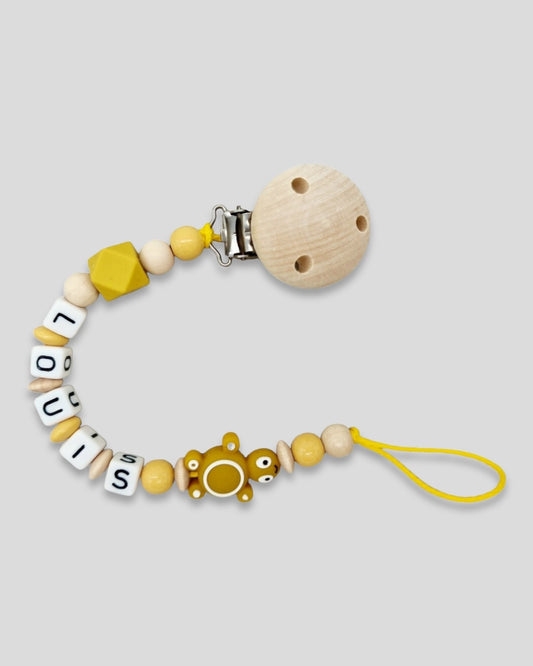 Schnullerkette mit Namen Silikon Schildkröte Senfgelb Natur