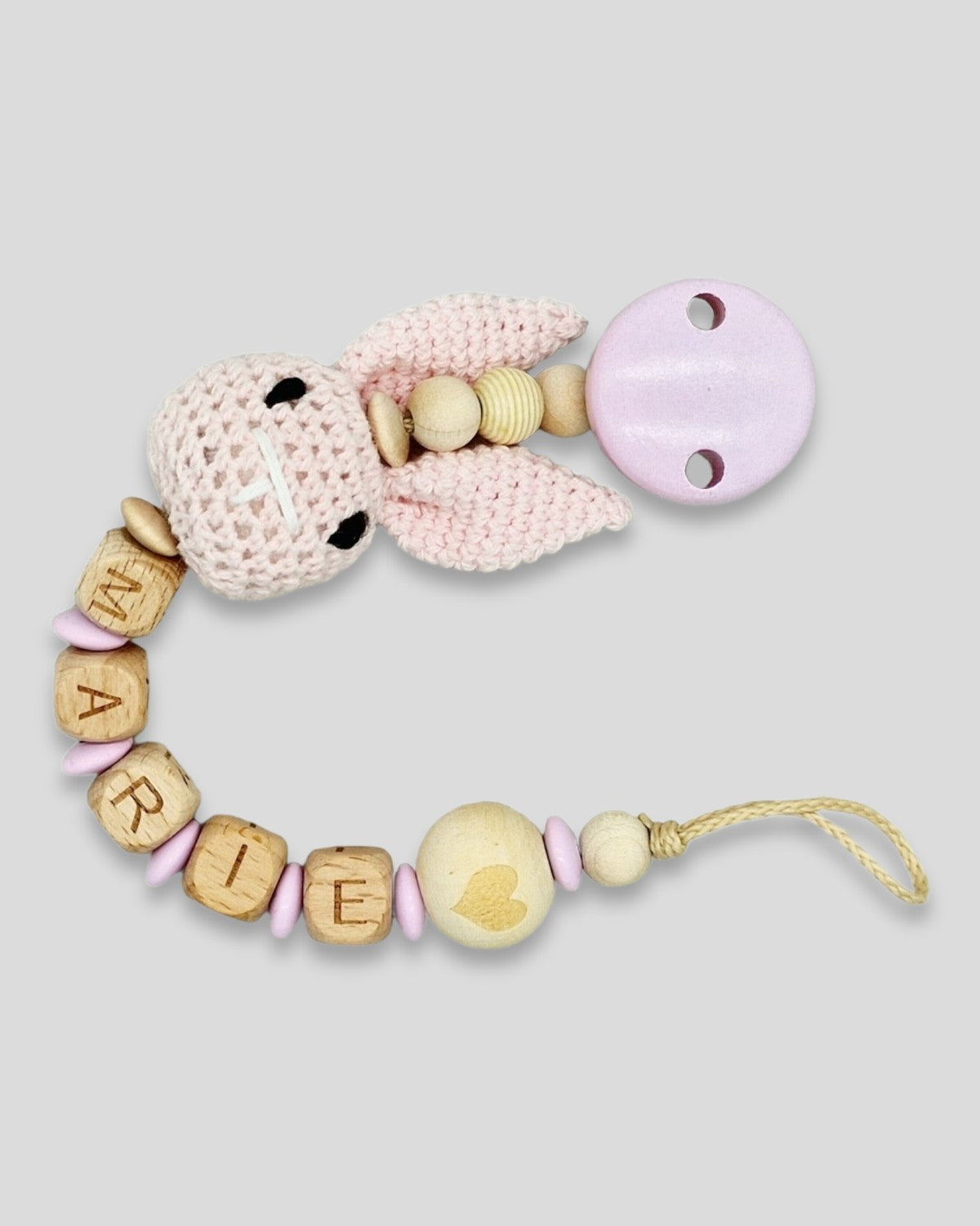 Schnullerkette Häkeltier Hase mit Namen Herz