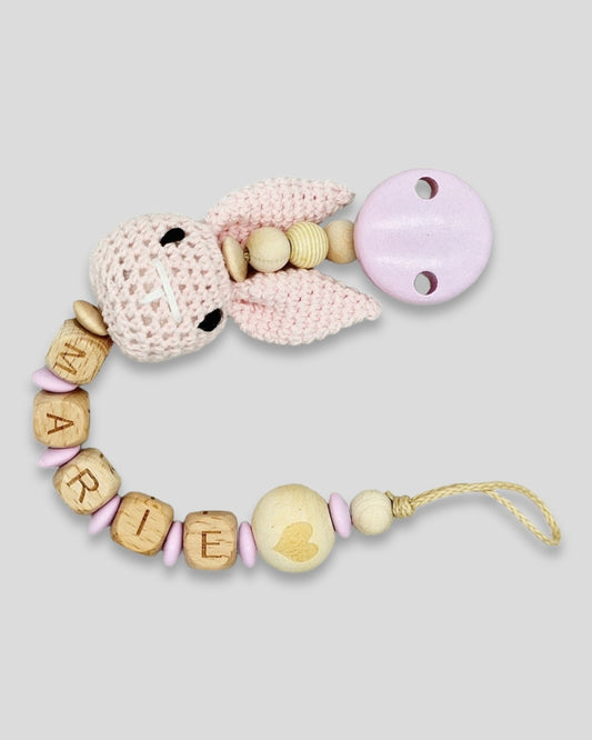 Schnullerkette Häkeltier Hase mit Namen Herz